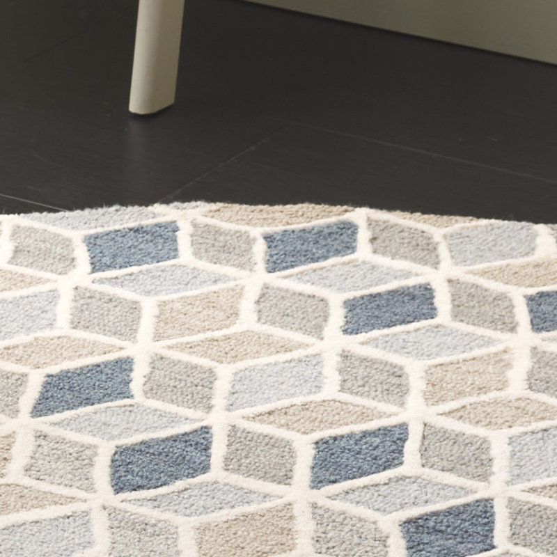 Ebony Hand Tufted Wool/Cotton Geometric Rug in Ivory/Blue, Round 6'