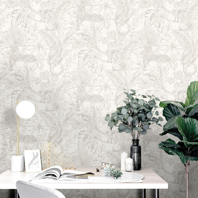 Minghui Tropical Off-White Silver Floral Glitter Parrot Tiger Monkey Jungle Wallpaper 10m x 53cm Roll