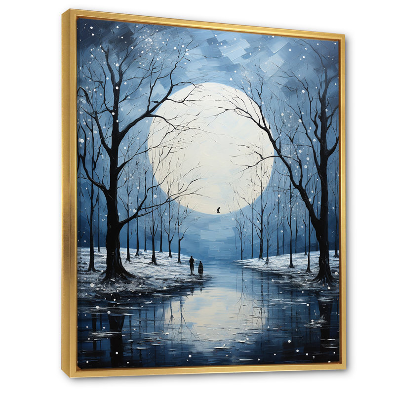 Snow Moon Embrace Pointillism - reproduction imprimée, H 32 po x l 24 po x P 1 po, Cadre flottant doré
