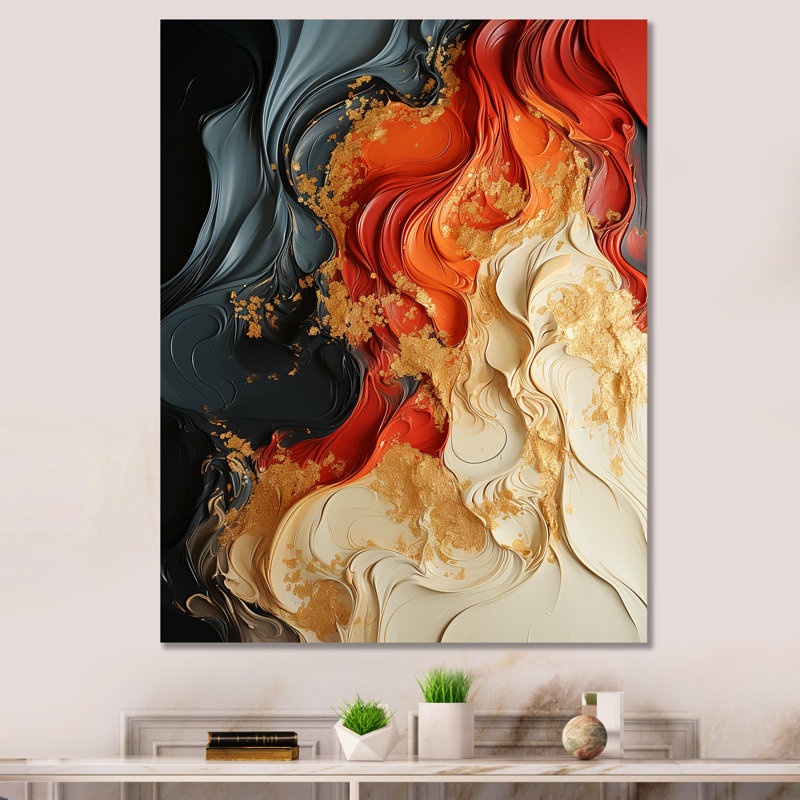 Rouge et or marbre volcan IV - art mural abstrait, Toile tendue, H 32 po x l 16 po