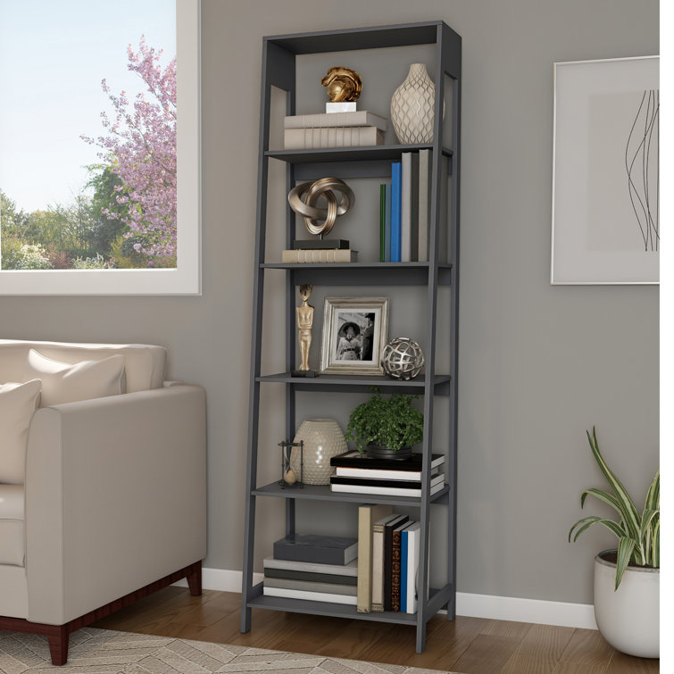 Arjet 5-Tier Ladder Bookshelf - Freestanding Wooden Bookcase Frame with Leaning Look - Shelves
