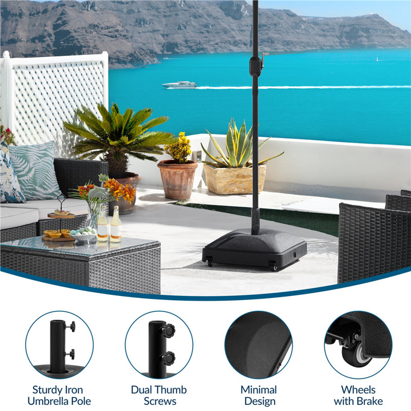 free standing patio umbrella with weighted base Outsunny Heavy-Duty Table Tray, Wheels & Handles and 176lbs Capacity, Black strength UPF 50+ UV protection and enhanced resistance against the harsh bleaching effects of the North American sun Patio Umbrella Base with Wheels,