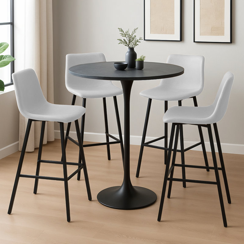 Brookhaven 5-Piece Bar-Height Dining Set With Round MDF Bar Table And Stainless Steel Base, Upholstered Leather Bar Stools With Iron Legs