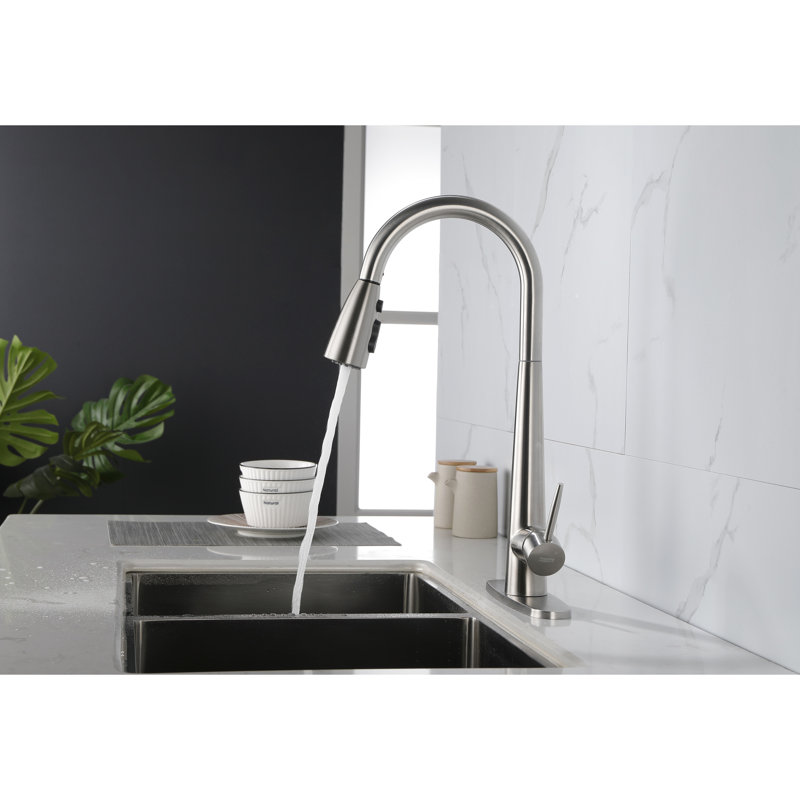 Stainless Steel Pull Down Kitchen Faucet With Deck Plate - Brushed Nickel, High Arc Single Handle, Contemporary Appeal Modern In Nickel Steel, Installation