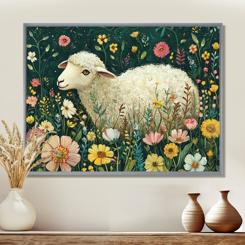 Dott Mignon mouton au printemps II, H 30 po x l 40 po, Impression encadrée flottante, Argent argent