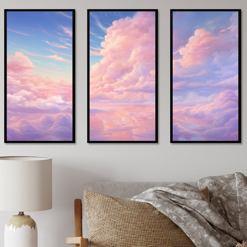 «Kawaii Clouds Landscape III - Sky», ensemble de reproductions d'art mural, Cadre flottant noir, H 32 po x l 48 po x P 1 po