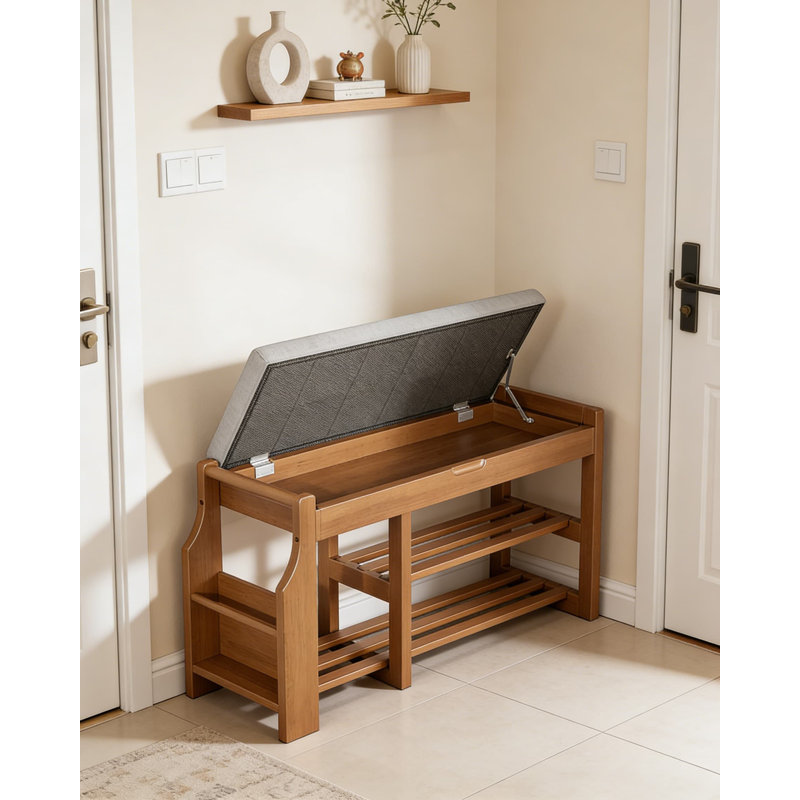 Banc à chaussures en bois de pin massif avec rangement, range-chaussures à 2 niveaux avec compartiment relevable, support latéral et coussin moelleux pour l'entrée, le couloir ou la chambre à coucher