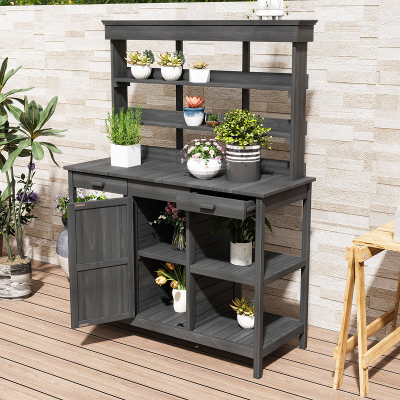 Banc d'extérieur en bois 66 po avec tablettes de rangement, 2 tiroirs et armoire, Gris