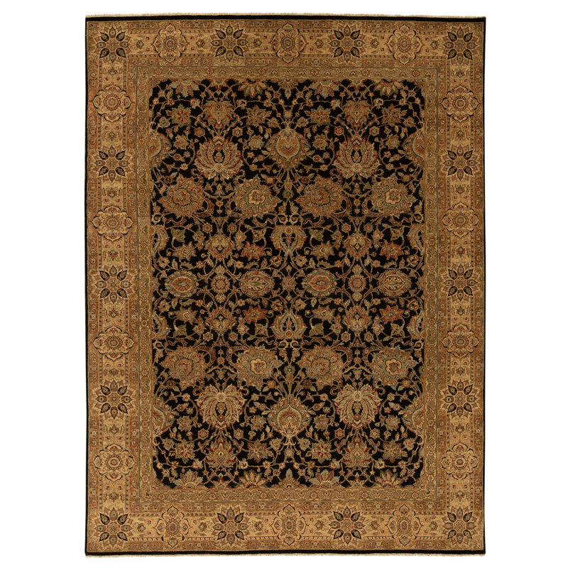 Hand Knotted Wool Oriental Area Rug in Black And Gold
