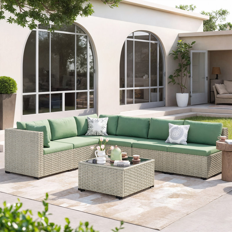 Demasi 6-Person Patio Furniture Set With Comfortable Cushions And Glass Table, Green