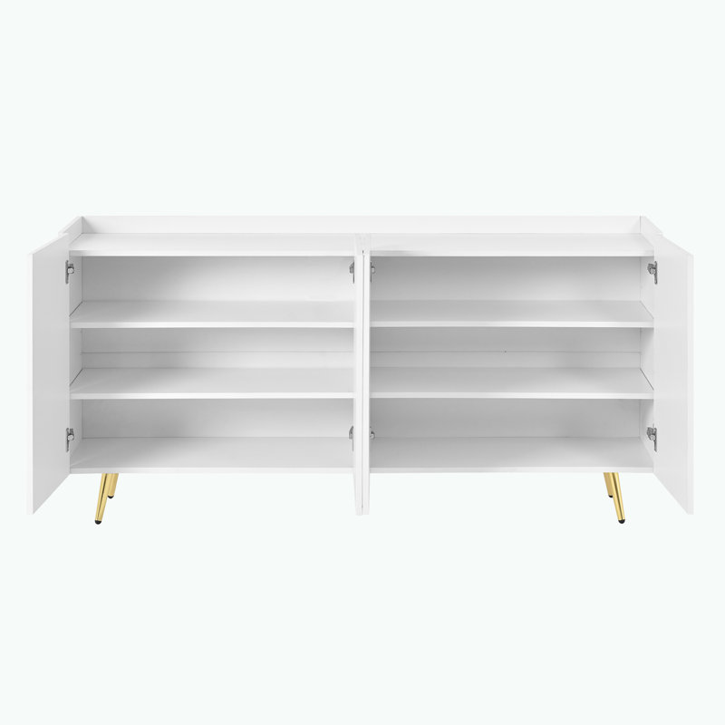 Luxurious Shoe Cabinet With 5 Metal Legs, Modern TV Stand With 4 Adjustable Shelves For Tvs Up To 70", Minimalist Sideboard Cabinet With Gold Lines Doors For Living Room, 62.9" X 31.4", White