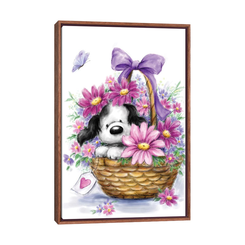 «Gray Dog in Basket» par Makiko - impression d'art graphique, H 26 po x l 18 po x 1,5 po, Toile avec cadre en bois classique