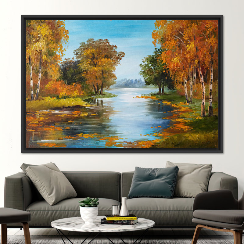 «Autumn River Landscape», reproduction d'art sur toile pour la maison, Noir, Reproduction encadrée sans passe-partout