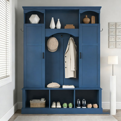 Modern All-in-One Hall Tree with Adjustable Shelves, Classic Arched Farmhouse Storage Bench with Dual Side Cabinets