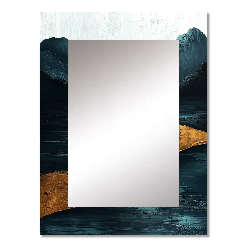 Quiet Bold Mountain In Emerald Gold Harmony I - Lake Unique Wall Mirror Decor, Lake House Large Mirror, Printed Metal Art