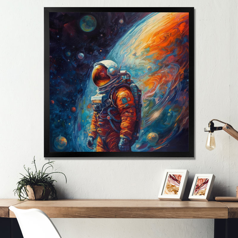 «Astronaut With A View Of The Galaxy», reproduction d'art sur toile encadrée, H 30 po x l 30 po x P 1 po, Cadre photo noir