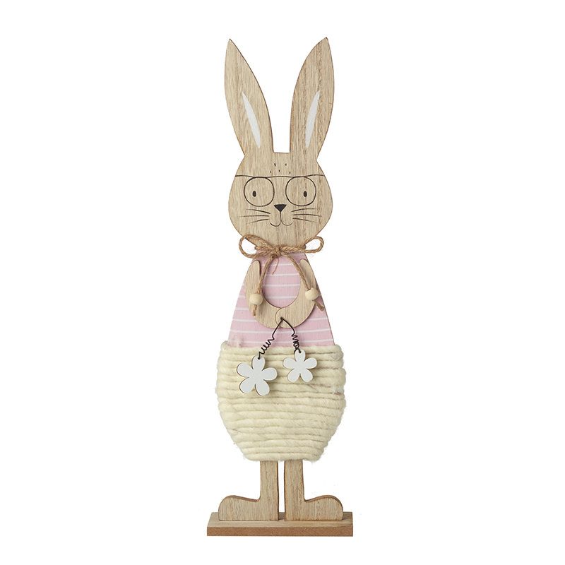 Standing Wood And Wool Rabbit Dec, Natural/White, 41cm x 12cm