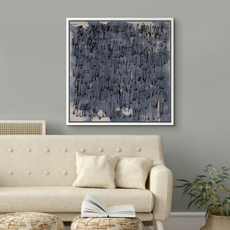 Abstrait peinture noire sur fond bleu, décorations murales encadrées pour chambre à coucher, H 16 po x l 16 po, Blanc