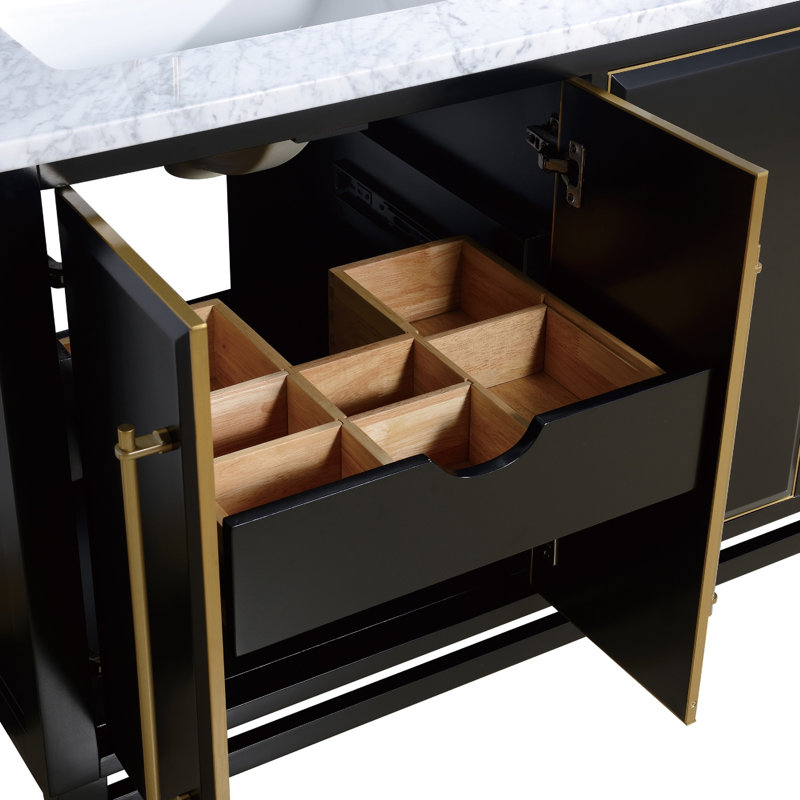 Meuble-lavabo simple 48 po avec comptoir en marbre de Carrare Ewen, Or mat, Noir, Blanc de Carrare