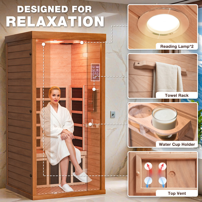 Sauna Pro 1-Person Indoor Low EMF Far Infrared Sauna in Okoume with BT Speakers, LED Lighting and App Control, for Home Spa & Therapy