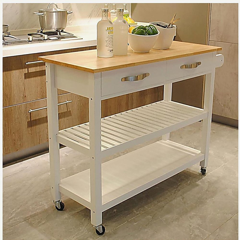 Kitchen Island and Kitchen Trolley, Rubberwood Tabletop, with Two Lockable Wheels for a Mobile Kitchen Island, Simple Design for Easy Storage and Access, Two Drawers Provide Unique Storage Space for Special Kitchenware.