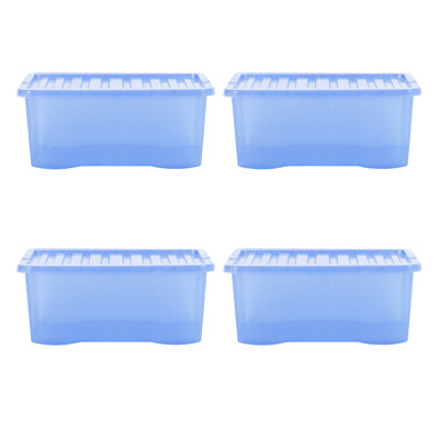 Wham Crystal 45L Plastic Storage Box Pack of 4 Tint Sparkle Blue