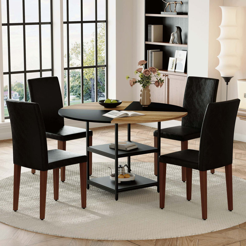 Ensemble de table et de chaises, table de salle à manger circulaire épissée moderne - rangement double couche, jumelée à 4 chaises de salle à manger en polyuréthane