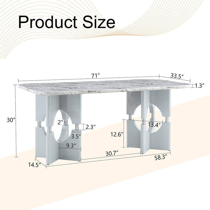 Table de salle à manger moderne en MDF à motif de marbre gris, structure évidée élégante avec détails en métal, table de cuisine compacte pour petits espaces