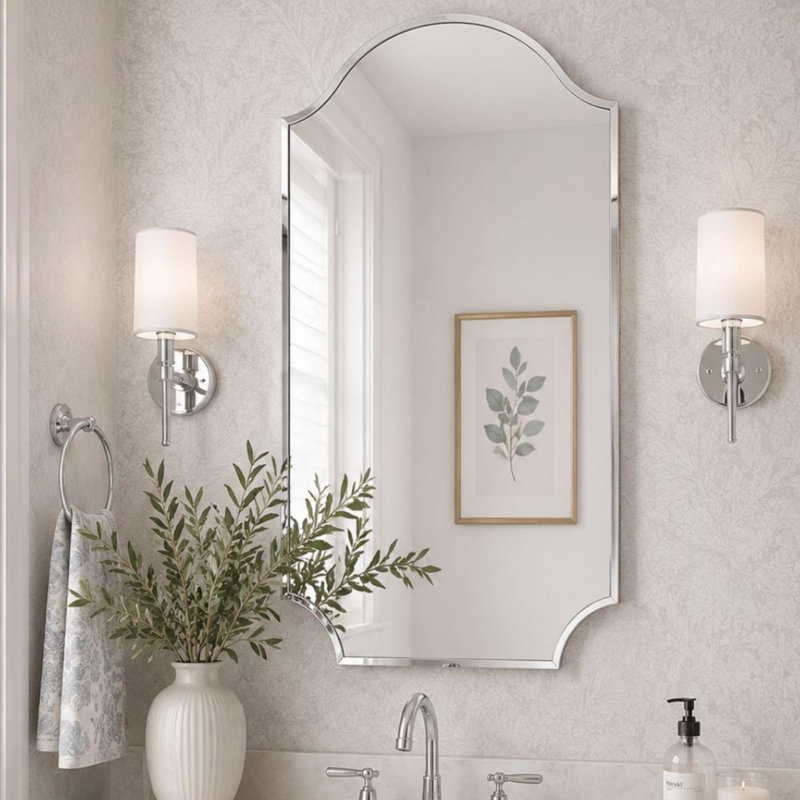 Airius Decorative Scalloped Bathroom Vanity Mirrors, Arched Wall Mirror, Chrome, 36" x 24"