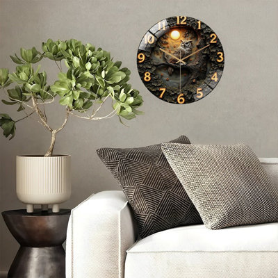 Owl Wall Clock with Unique 2D Design Decor Art - 12'' Modern Glass Wall Clock