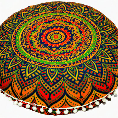 Boho Chic Round Floor Pillow Cover - Seating Cushion Throw Cover with Pom Pom Accents - Hippie Decorative Bohemian Ottoman Pouf Cover in New