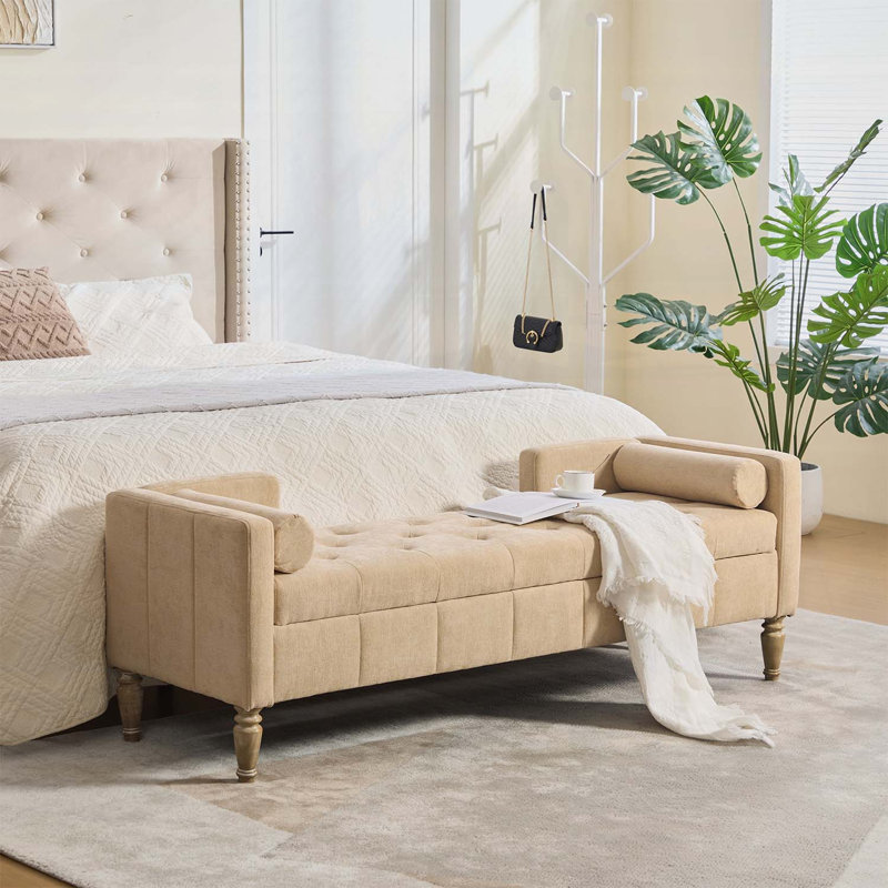 Banc de rangement en chenille de 64,6 po de largeur avec dessus rabattable, conception capitonnée, accoudoirs, dossier et traversins pour une utilisation polyvalente