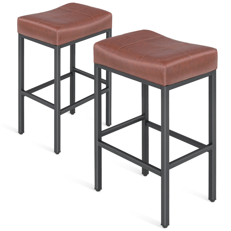 Upholstered Saddle Bar Stools Counter Height Stools Barstools Bar Chairs with Curved Seat & Footrest, Reddish Brown