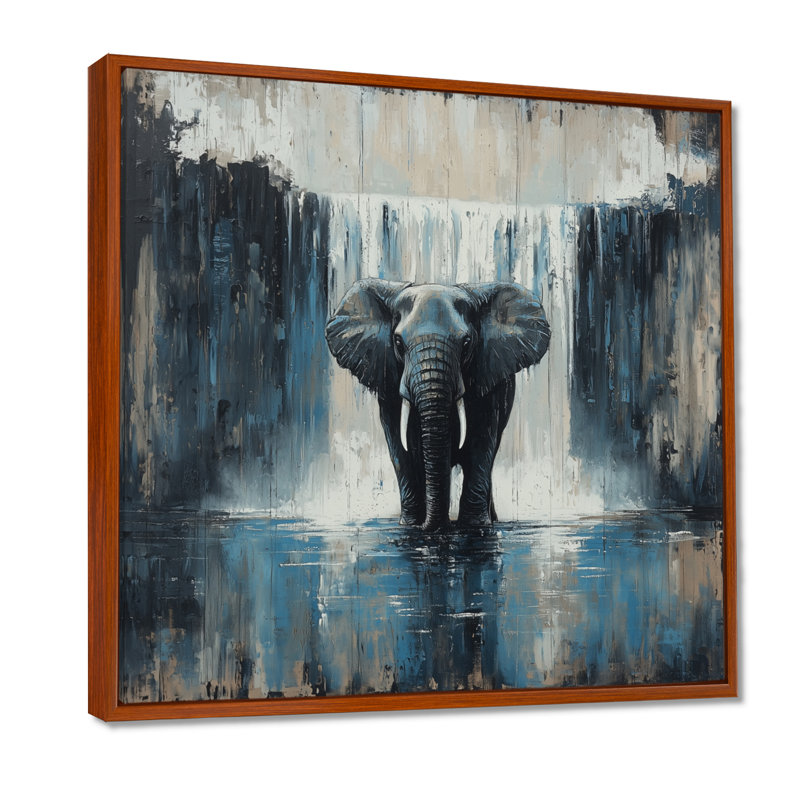 Halloway, éléphant monochrome et la chute d'eau I - éléphant, art mural, Impression encadrée flottante sans passe-partout