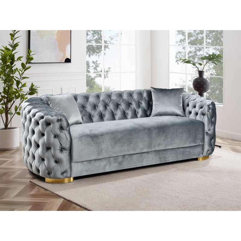 89" Luxury Velvet Sofa Chesterfield Button Tufted Couch With 2 Pillows & Metal Legs, Gray
