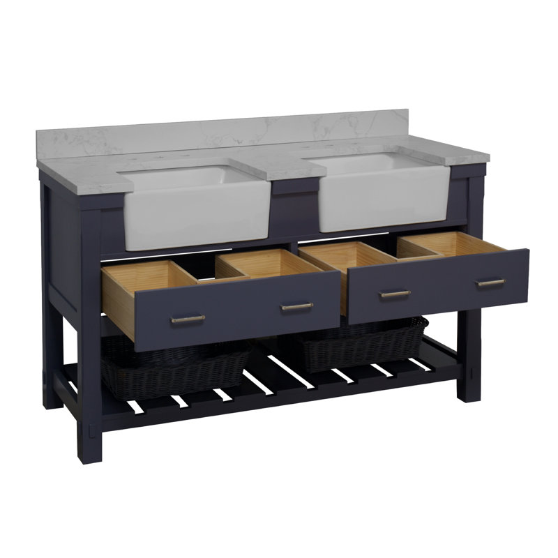 Ensemble de meuble-lavabo double 60 po Hitton, Gris marine, Marbre de Carrare