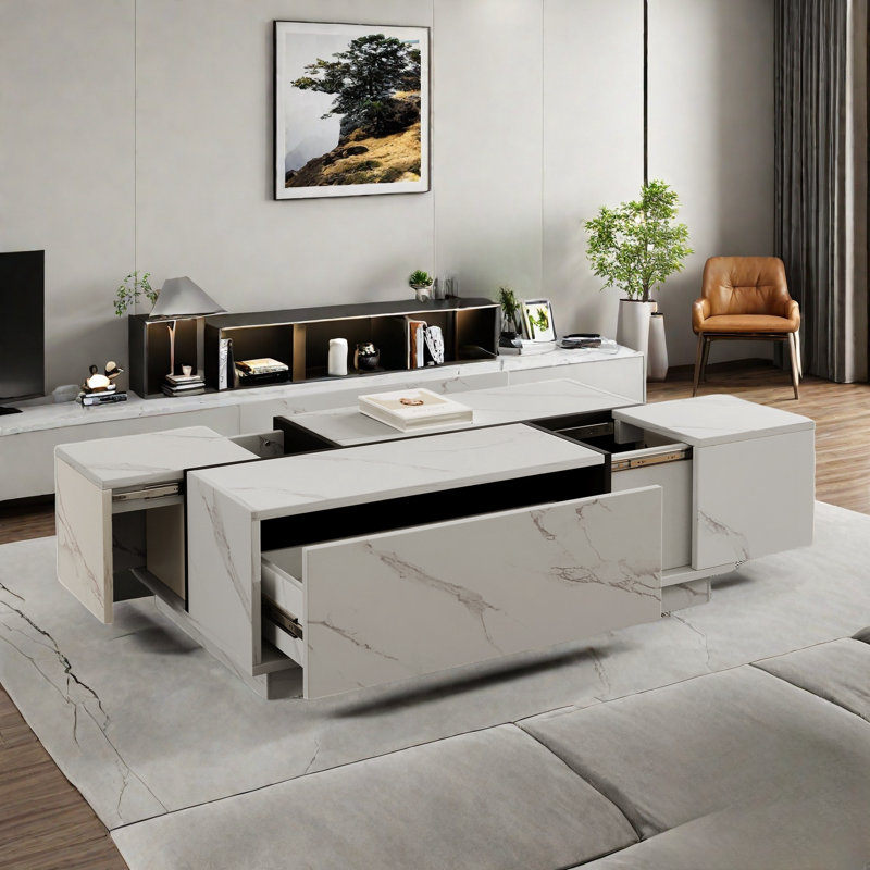 Rectangular Sliding Top Coffee Table With 2 Drawers And 2 Hidden Storage Compartments