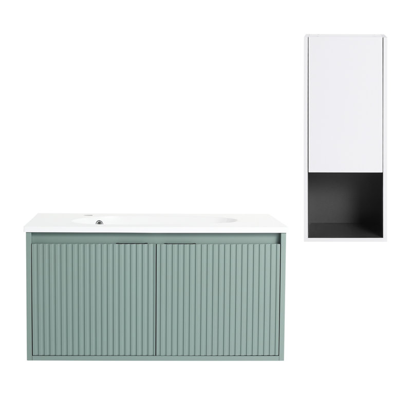 Meuble-lavabo de salle de bain moderne 36 "avec unité latérale, à fermeture douce, / blanc, armoire de rangement en résine et contreplaqué, blanc