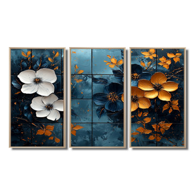 «Blue Polnesian Paradise Poppies Tiles I - Boho Tiles», ensemble d'art mural