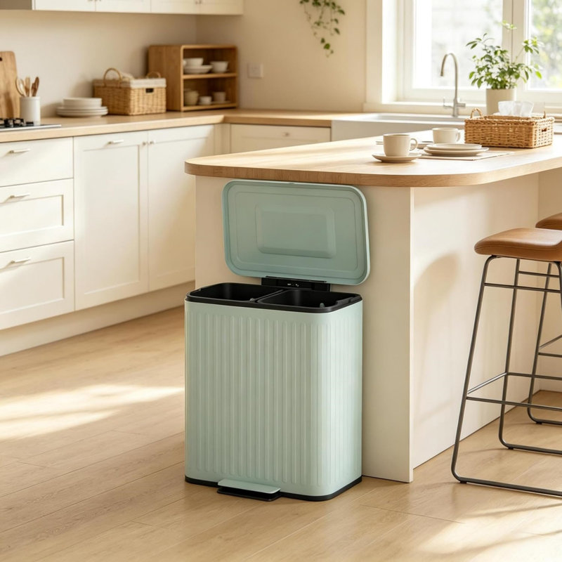Poubelle double de 2 x 5,3 gallons (20 litres) à pédale, en métal vert pâle, avec couvercle à fermeture douce et seaux amovibles. Parfait pour la cuisine, le bureau et le vestibule.