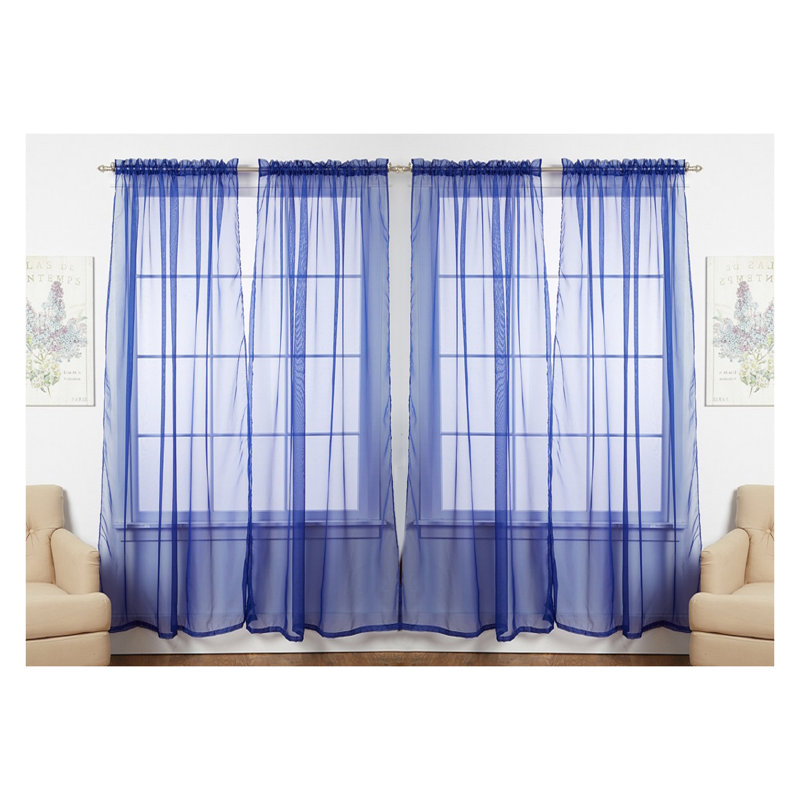 Solid Color Sheer Rod Pocket Curtain Panels, Navy Blue