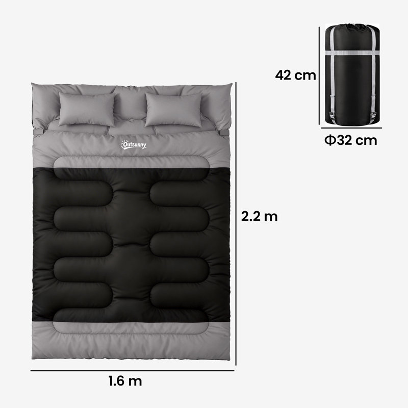 Outsunny Double Sleeping Bag with 2 Pillows 220 x 160 cm, Black/Grey