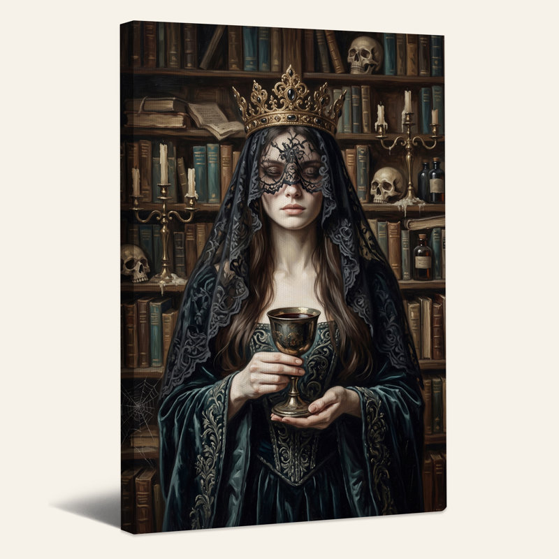 Art gothique sur toile gothique avec couronne dorée et dentelle noire, H 18 po x l 12 po