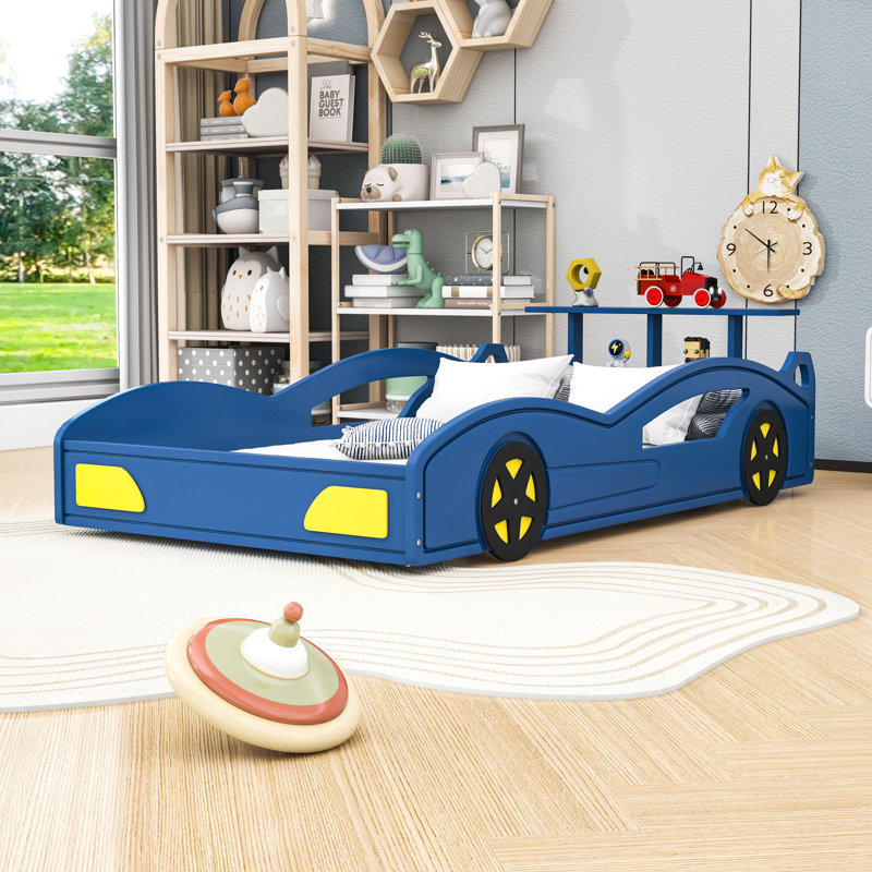 Lit simple en bois en forme de voiture avec tablettes de rangement, Bleu/jaune