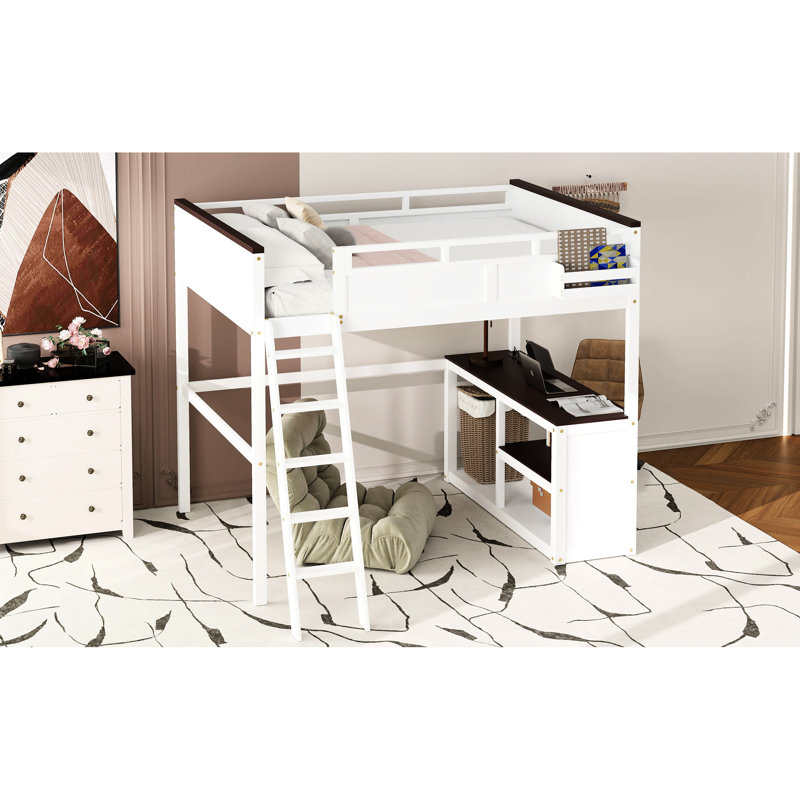 Grand lit mezzanine blanc avec bureau, compartiments de rangement et une tablette ouverte - construction, facile à assembler, tablette de bureau spacieuse, boîte en bois massif, garde-corps