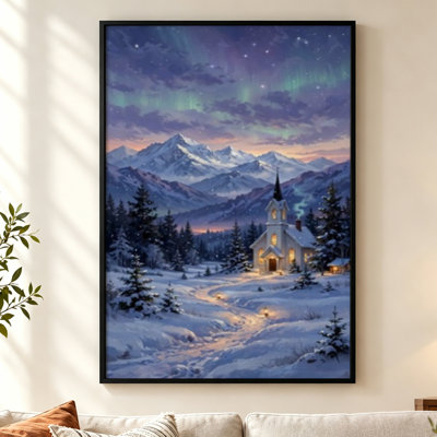 Snowy Mountain Village Church Black Christmas Floater Framed Canvas Wall Art 24" W x 36" H