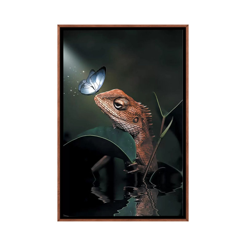 The Iguana & Butterfly by Zenja Gammer - Print on Canvas, Classic Brown Wood Framed, 101.6 cm H x 66.04 cm W