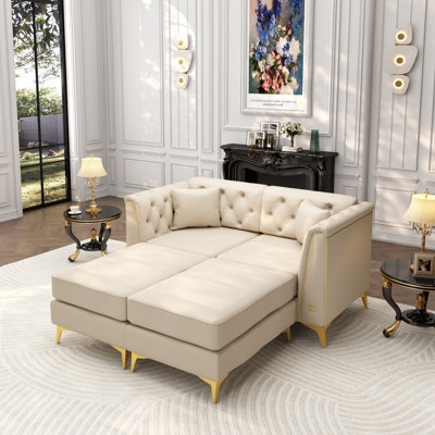 Canapé chesterfield de luxe modulaire à 2 places avec garniture cloutée 61,8 po, canapé en similicuir avec capitonnage à boutons fait à la main, accoudoirs garnis de métal et pieds en métal minces, comprend 2 coussins
