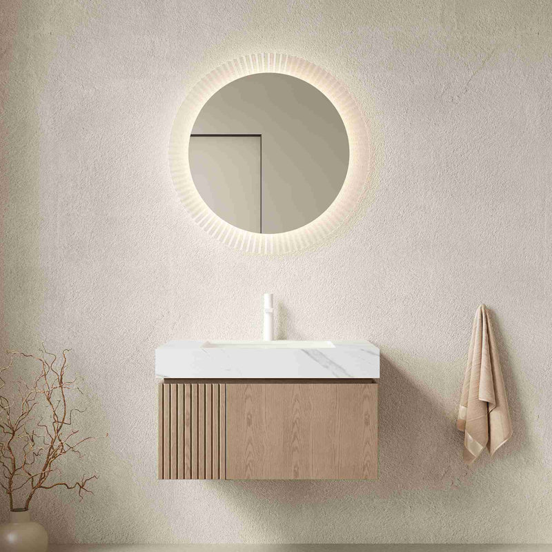 Meuble-lavabo de salle de bain avec plateau en pierre frittée, Marron clair, 30", Blanc de Carrare