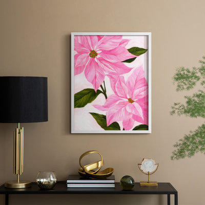 «Neon Pink Poinsettias I», reproduction encadrée - bois massif